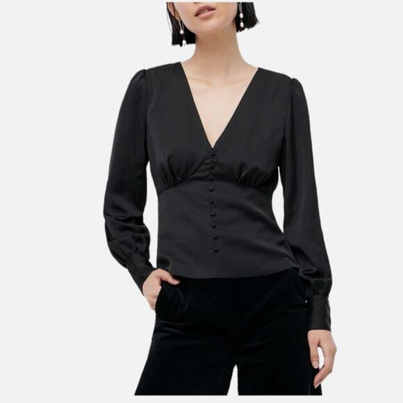 NWT J Crew Deep V Neck Button Front Satin Backed Crepe Black Top 4 - Picture 1 of 7